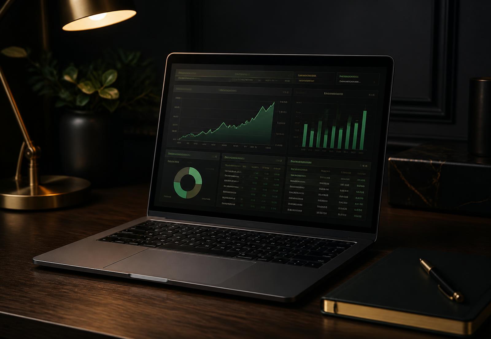 Notebook exibindo o painel da planilha financeira com gráficos